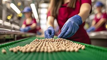 Workers in gloves sorting small items on a conveyor belt in a bright factory setting photo