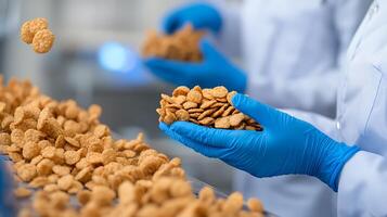 Workers in lab coats and gloves handling golden cereal flakes on a production line photo