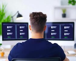 A man sitting at a desk with two computer screens photo