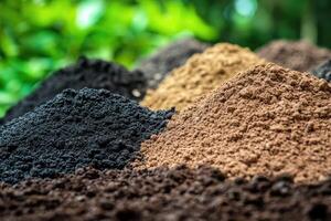 Soil samples showing different textures, colors and types of fertile soil for planting crops photo