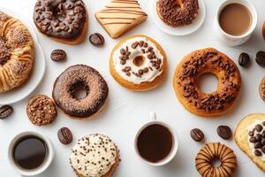 Delicious assorted donuts lying on white table with cups of coffee photo