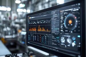 Computer screen showing industrial software monitoring system in modern factory photo