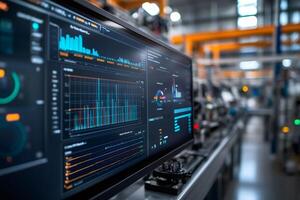 Computer screen showing industrial production analytics in a modern factory photo