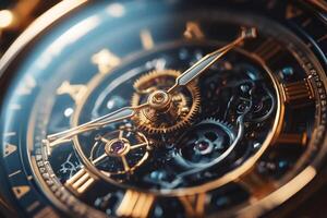 Close up of intricate golden watch mechanism measuring time photo