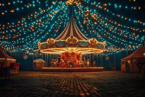 Enchanting vintage carousel illuminated by string lights photo