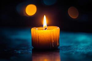 Burning candle illuminating dark background with melted wax dripping down photo