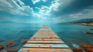 Wooden pier extending into tranquil ocean. with mountains in the distance photo