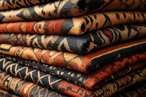 Stack of folded carpets showing different colors and patterns photo