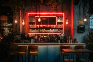 Empty bar counter with red neon lights and tropical plants displaying a modern and trendy atmosphere photo