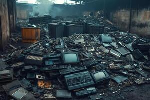 Pile of broken and burned computer parts filling a room after a fire photo