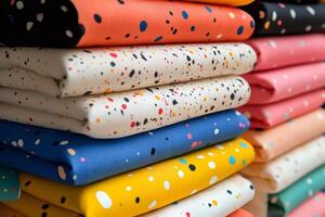 Stack of colorful fabrics with paint splatter pattern displaying modern textile design photo