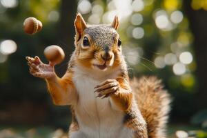 Squirrel juggling hazelnuts in the forest photo