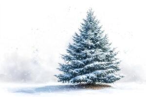 Snowy christmas tree standing in a snowy field during a snowfall photo