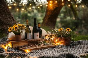 Romantic picnic setup with wine and flowers under string lights in a park photo