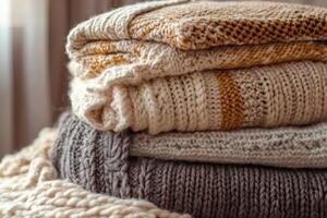 Stack of cozy knitted sweaters creating warm and inviting atmosphere photo