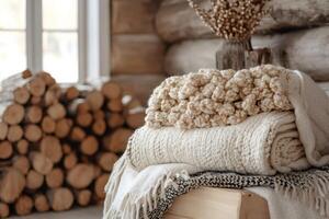 Stack of knitted blankets creating cozy atmosphere in rustic log cabin photo