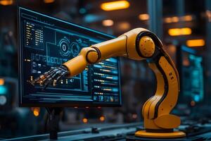 Robotic arm interacting with computer screen in futuristic factory setting photo