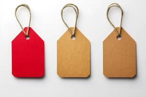 Three cardboard tags hanging with string on white background photo