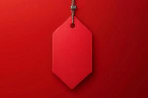 Red label hanging from string on red background photo