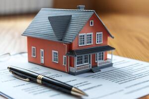 Model house standing on contract with pen suggesting signing purchasing agreement photo
