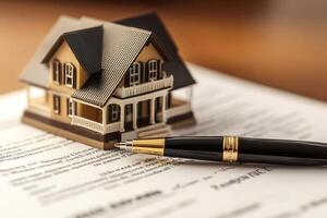 House model sitting on top of contract with elegant pen suggesting signing of agreement photo