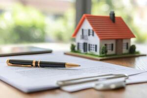 Pen resting on contract with house model and keys on wooden table photo