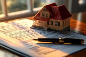 Model house sitting on contract with pen under warm sunset light illuminating through window photo