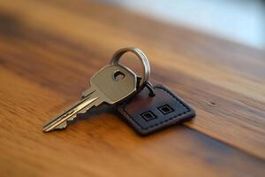 House key with keychain resting on wooden table photo
