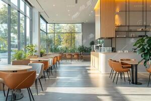 Modern cafeteria with many tables and chairs inviting to a relaxing break photo