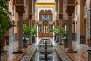 Ornate Moroccan courtyard featuring intricate tilework, reflecting pool, and lush greenery photo