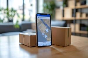 Smartphone showing logistics app with cardboard boxes on desk in home office photo