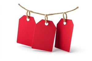Three red blank labels hanging from a rope on white background photo