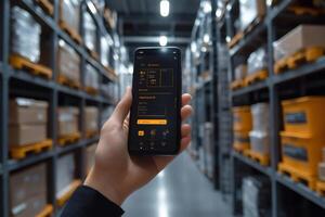 Warehouse manager using smartphone app managing inventory and logistics photo