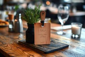 Rosemary sprig and wooden table number in modern restaurant setting photo
