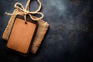 Two wooden tags tied with twine on burlap and dark background photo