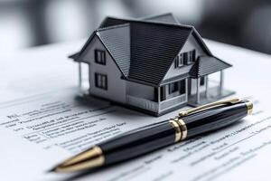 Miniature house and pen resting on a contract or agreement for buying or renting property photo