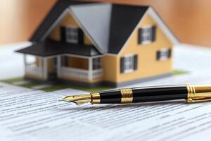 Elegant fountain pen resting on house purchase agreement with miniature house in background photo
