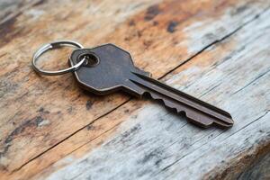 Old Key Resting on Weathered Wooden Surface Symbolizing History and Security photo