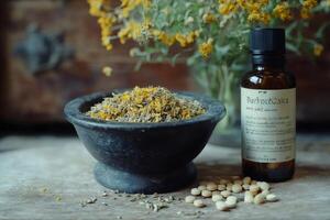Dried tansy flowers with pills and essential oil bottle on rustic wooden table photo