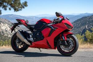 Red motorcycle parked on a mountain road overlooking a valley photo