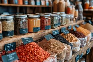 Various colorful spices and herbs for sale at zero waste shop photo