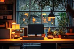Cozy home office setup featuring computer, plants, and warm lighting illuminating workspace photo