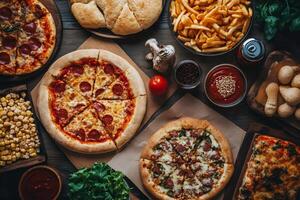 Delicious pepperoni and sausage pizzas with french fries, corn, sauces, garlic and breadsticks lying on a wooden table photo