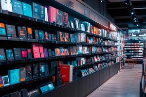 Modern electronics store displaying various software and hardware products on shelves photo