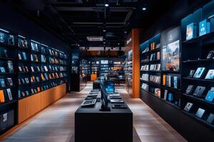 Modern electronics store showing devices and accessories on display photo