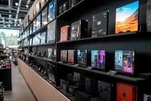 Computer hardware store showcasing various monitors and electronic devices photo