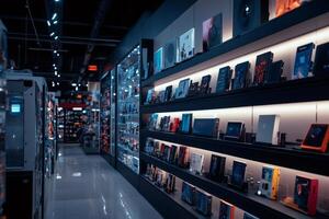 Modern electronics store showing various devices on shelves photo