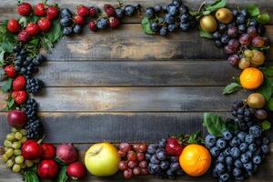 Fresh Fruit Frame on Rustic Wooden Table photo