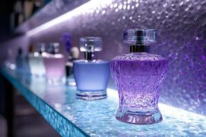 Various perfume bottles sitting on illuminated glass shelf in store display photo