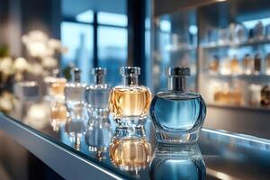 Different perfume bottles on a glass shelf in a store reflecting on the surface photo